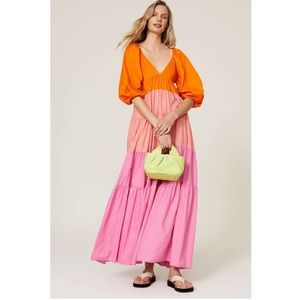 Staud Orange Pink Colorblocked Striped Meadow Maxi V-Neck Dress Size Small